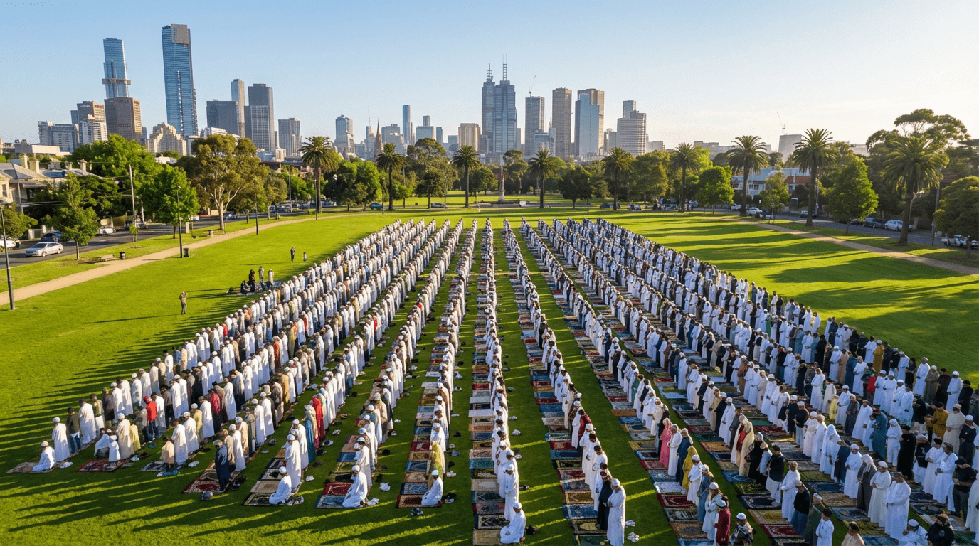 Large Eid prayer congregation at Flagstaff Gardens Melbourne 2026