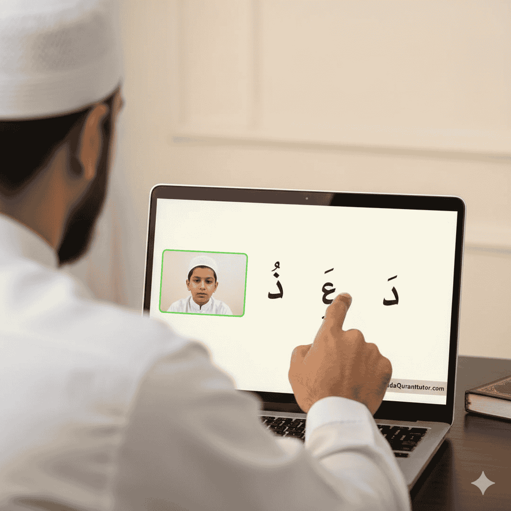 Young student learning daily Islamic Qaida online with tutor